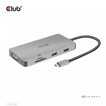 CLUB3D USB Gen1 Type-C 9-in-1 centrmezgls ar HDMI, VGA, 2x USB Gen1 Type-A, RJ45, SD/Micro SD karšu slotiem un USB Gen1 Type-C sievišķo portu