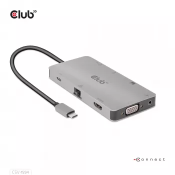 CLUB3D USB Gen1 Type-C 9-in-1 centrmezgls ar HDMI, VGA, 2x USB Gen1 Type-A, RJ45, SD/Micro SD karšu slotiem un USB Gen1 Type-C sievišķo portu