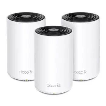 TP-Link Deco XE75 AXE5400 Mesh Wi-Fi 6E sistēma — trīs joslas 2,4/5/6 GHz, pārklājums līdz 670 m², 3× LAN, 4 iekšējās antenas