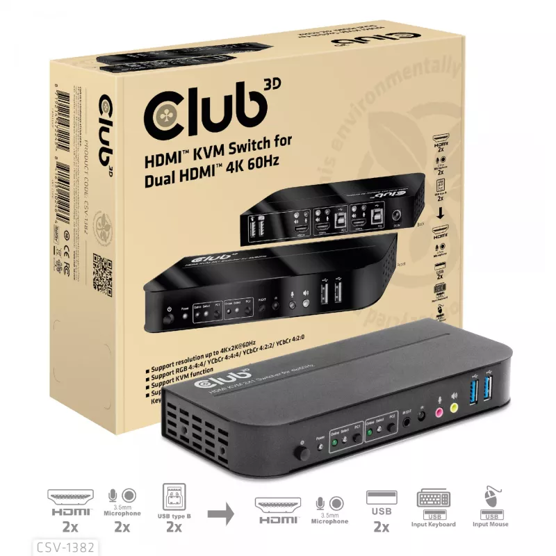 KVM Slēdzis CLUB3D CSV-1382 Divu Portu HDMI 4K 60Hz USB