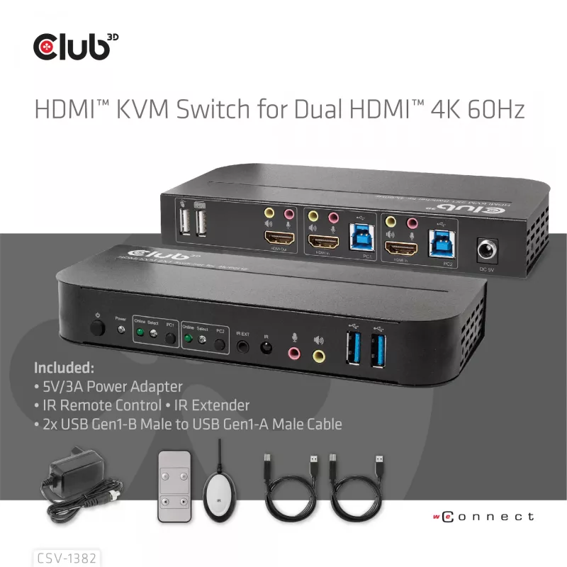 KVM Slēdzis CLUB3D CSV-1382 Divu Portu HDMI 4K 60Hz USB