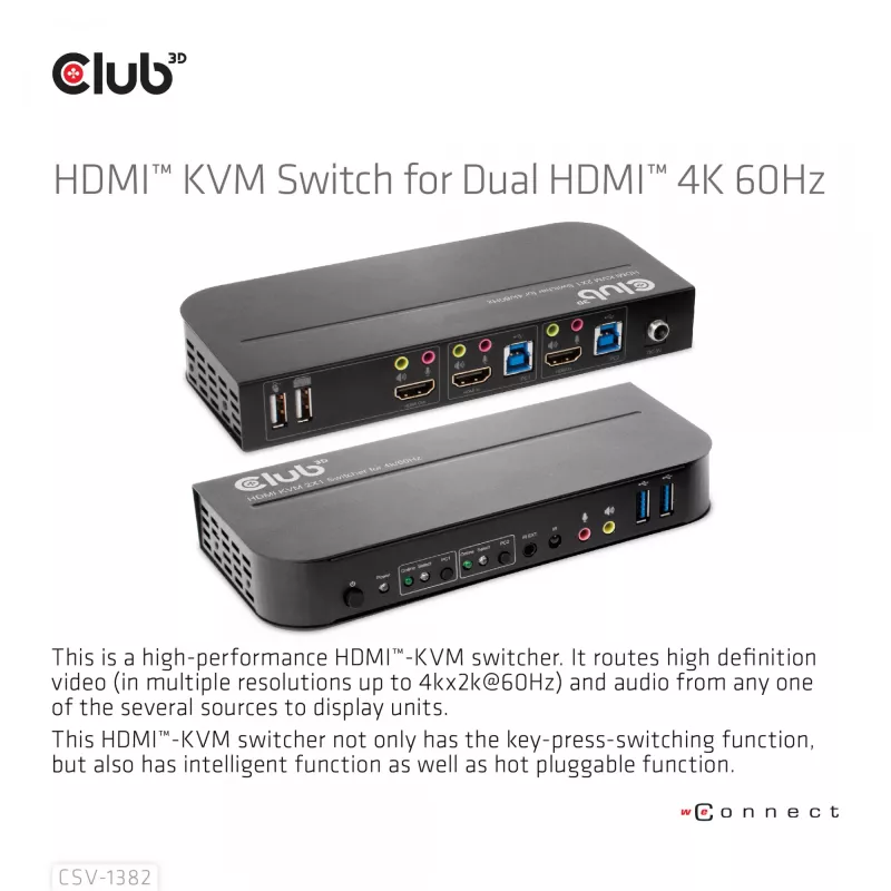 KVM Slēdzis CLUB3D CSV-1382 Divu Portu HDMI 4K 60Hz USB