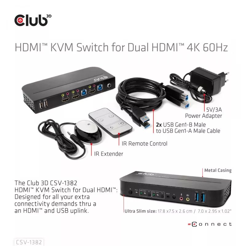 KVM Slēdzis CLUB3D CSV-1382 Divu Portu HDMI 4K 60Hz USB