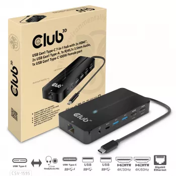 CLUB3D CSV-1595 7-in-1 Type-C centrmezgls ar 2x HDMI, 2x USB Gen1 Type-A, 1x RJ45, 1x 3.5mm Audio, 1x USB Gen1 Type-C 100W sieviešu ports