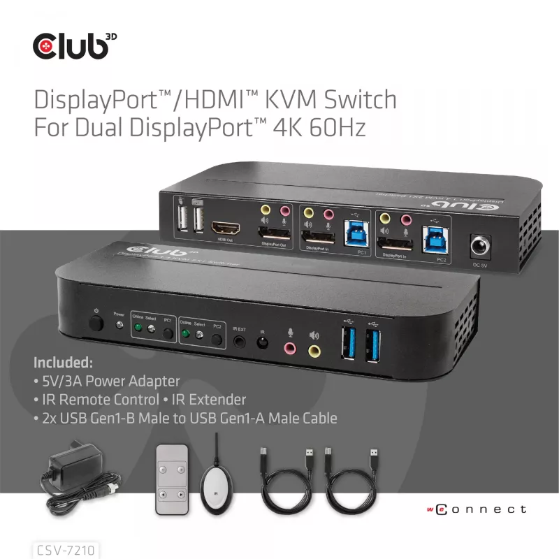 CLUB3D DisplayPort/HDMI KVM Slēdzis Diviem Datoriem 4K 60Hz