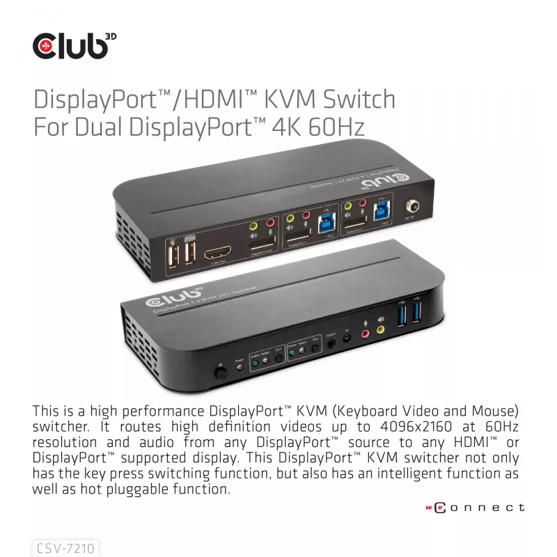 CLUB3D DisplayPort/HDMI KVM Slēdzis Diviem Datoriem 4K 60Hz