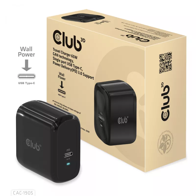 CLUB3D Ceļojumu Lādētājs 65W GAN tehnoloģija, Viena USB Type-C pieslēgvieta, Power Delivery (PD) 3.0 atbalsts