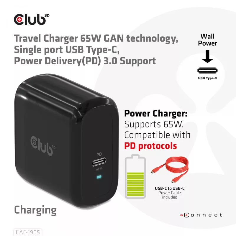 CLUB3D Ceļojumu Lādētājs 65W GAN tehnoloģija, Viena USB Type-C pieslēgvieta, Power Delivery (PD) 3.0 atbalsts