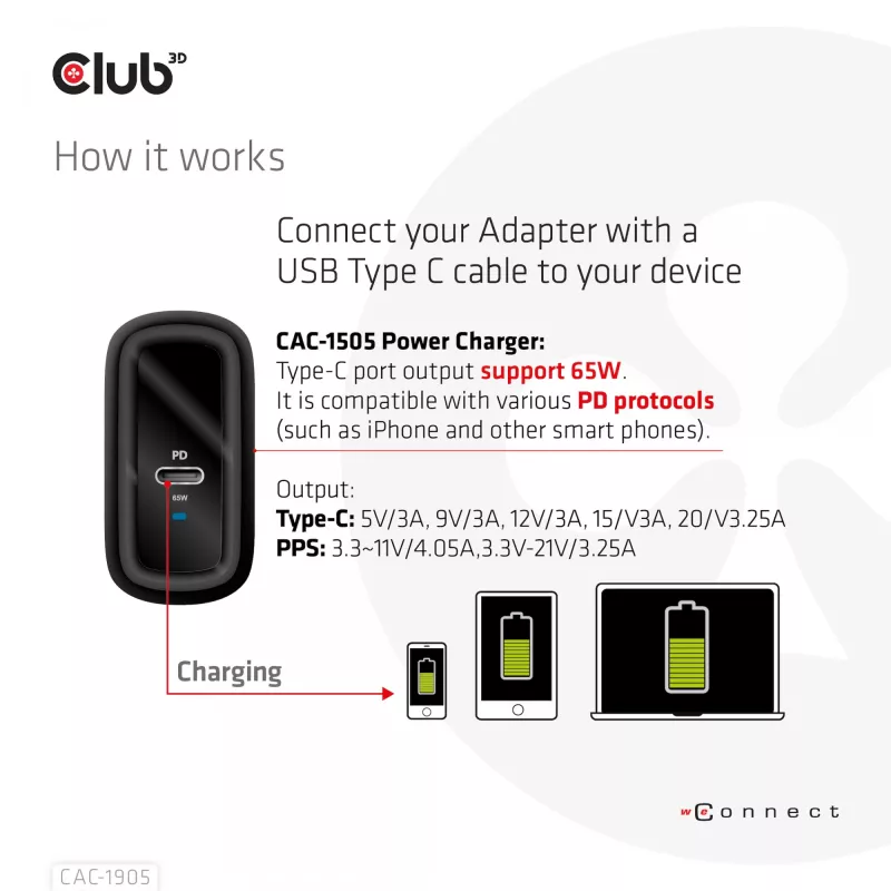 CLUB3D Ceļojumu Lādētājs 65W GAN tehnoloģija, Viena USB Type-C pieslēgvieta, Power Delivery (PD) 3.0 atbalsts