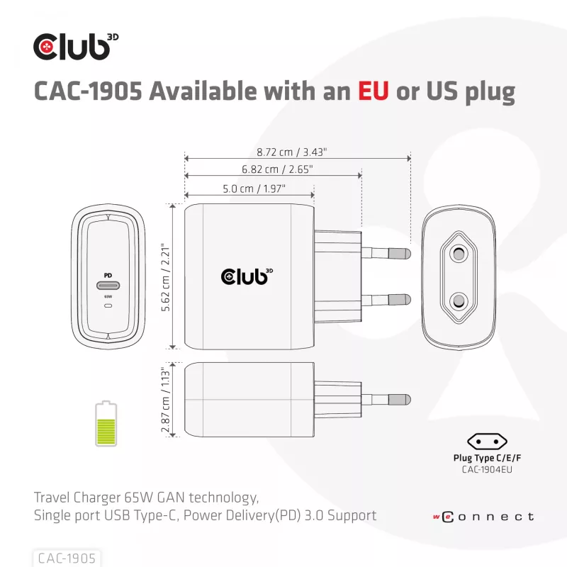 CLUB3D Ceļojumu Lādētājs 65W GAN tehnoloģija, Viena USB Type-C pieslēgvieta, Power Delivery (PD) 3.0 atbalsts