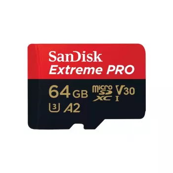 MicroSDXC atmiņas karte SANDISK Extreme PRO 64GB UHS‑I U3 V30 A2, lasīšana 200 MB/s, rakstīšana 90–140 MB/s, ar SD adapteri
