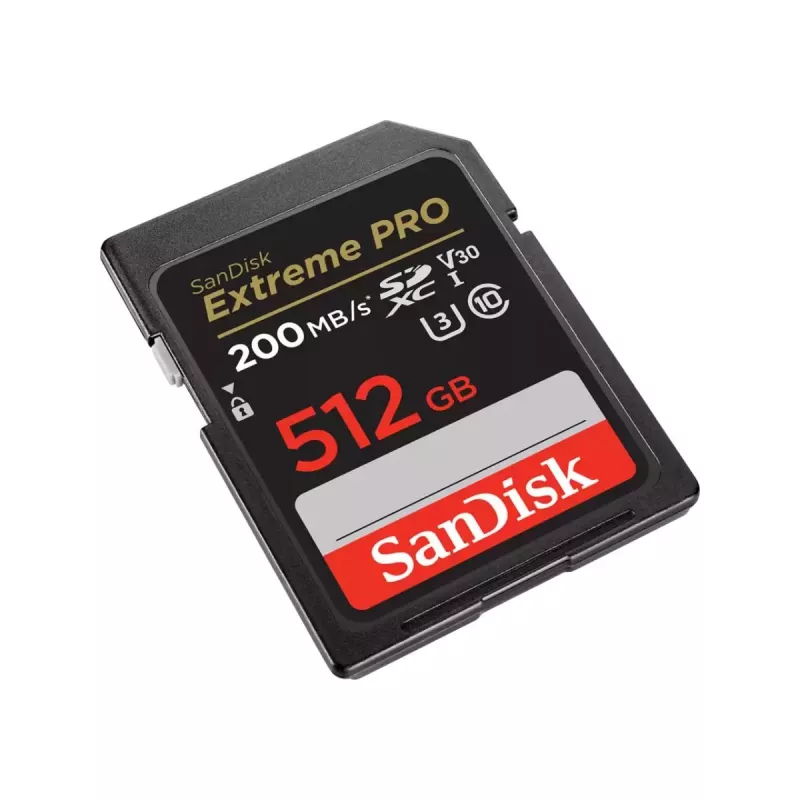 SDXC atmiņas karte SANDISK Extreme PRO 512 GB — Class 10, U3, V30, lasīšana 200 MB/s, rakstīšana 140 MB/s, ūdensizturīga