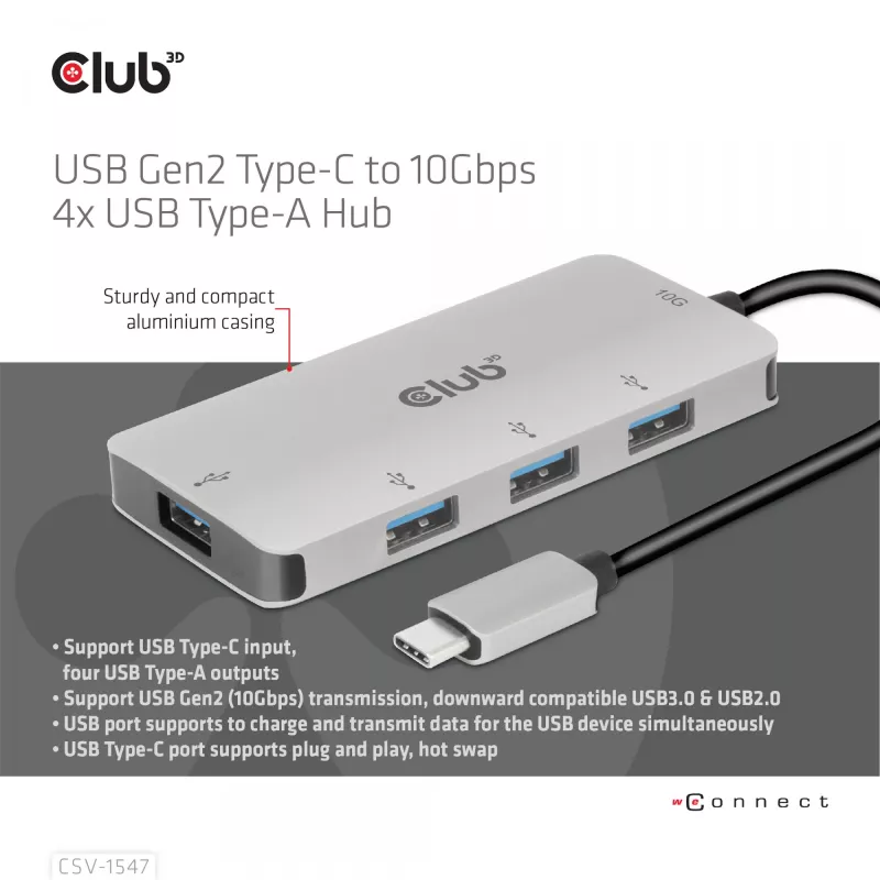 CLUB3D CSV-1547 4-portu USB-A centrmezgls USB-C – 10 Gbps ātrs datu pārsūtīšana