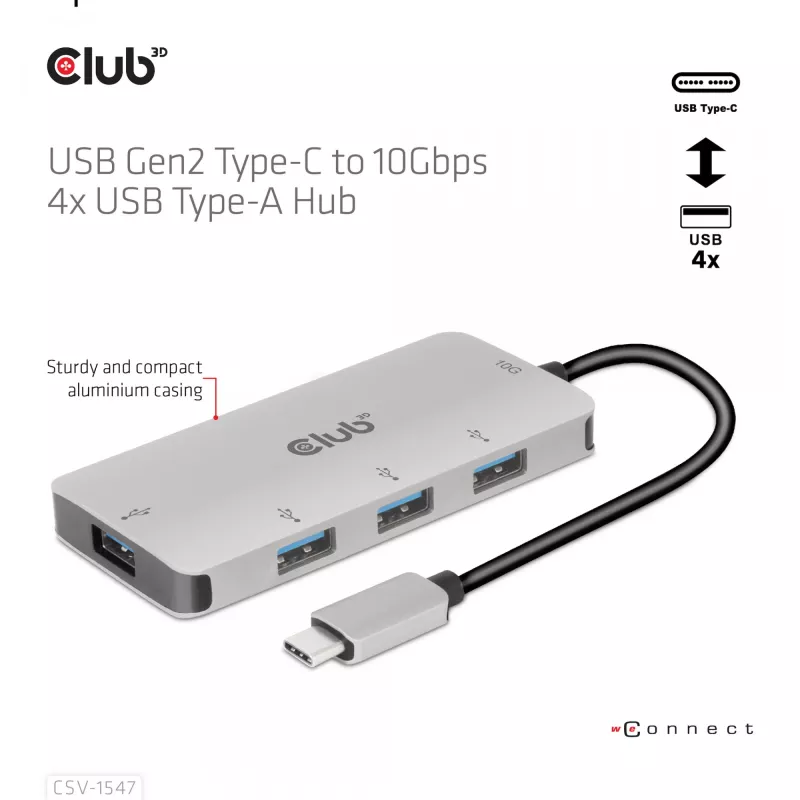 CLUB3D CSV-1547 4-portu USB-A centrmezgls USB-C – 10 Gbps ātrs datu pārsūtīšana