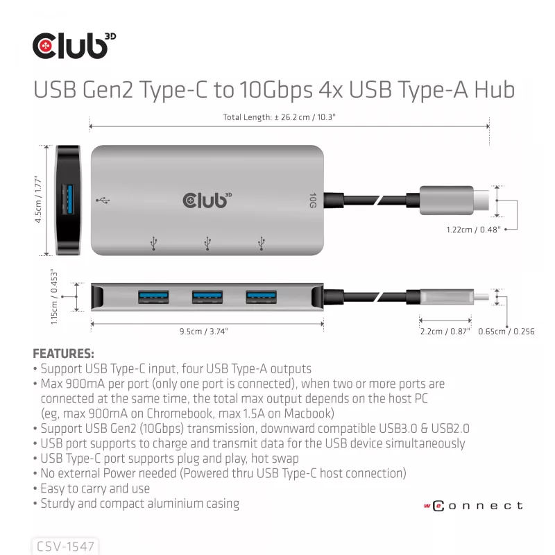 CLUB3D CSV-1547 4-portu USB-A centrmezgls USB-C – 10 Gbps ātrs datu pārsūtīšana