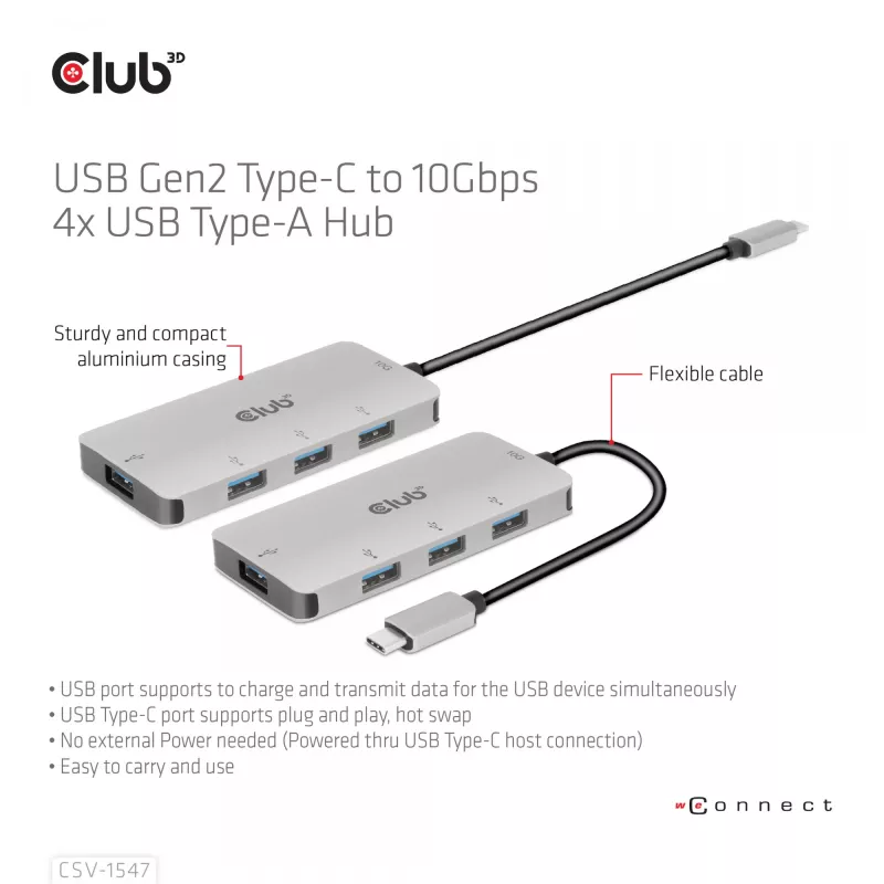CLUB3D CSV-1547 4-portu USB-A centrmezgls USB-C – 10 Gbps ātrs datu pārsūtīšana