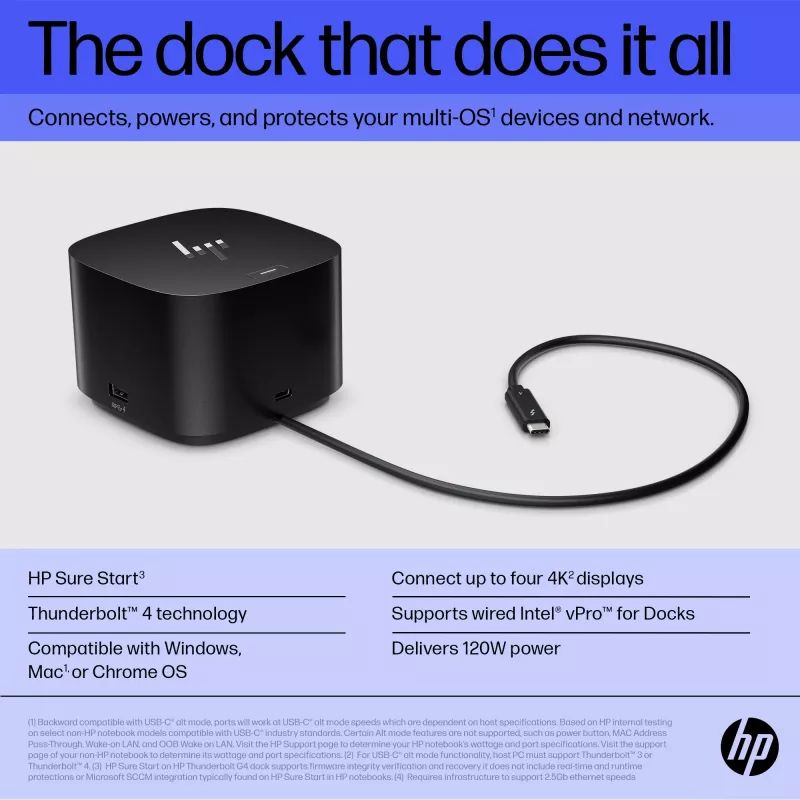 HP Thunderbolt Dock 120W G4, vadu, Thunderbolt 4, melns, Kensington, Ķīna, Taizeme, Taivāna, biznesam