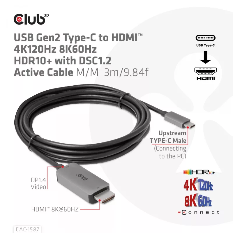 CLUB3D USB Gen2 Type-C uz HDMI 4K120Hz 8K60Hz HDR10 ar DSC1.2 aktīvs kabelis M/M 3m / 9.84ft