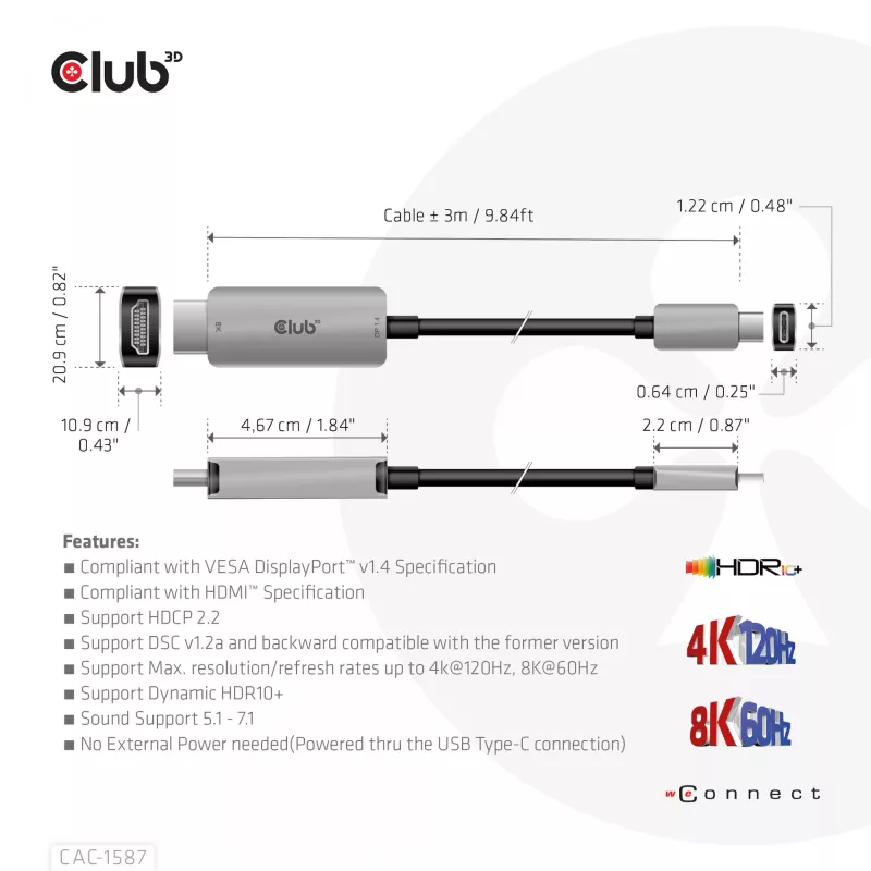 CLUB3D USB Gen2 Type-C uz HDMI 4K120Hz 8K60Hz HDR10 ar DSC1.2 aktīvs kabelis M/M 3m / 9.84ft