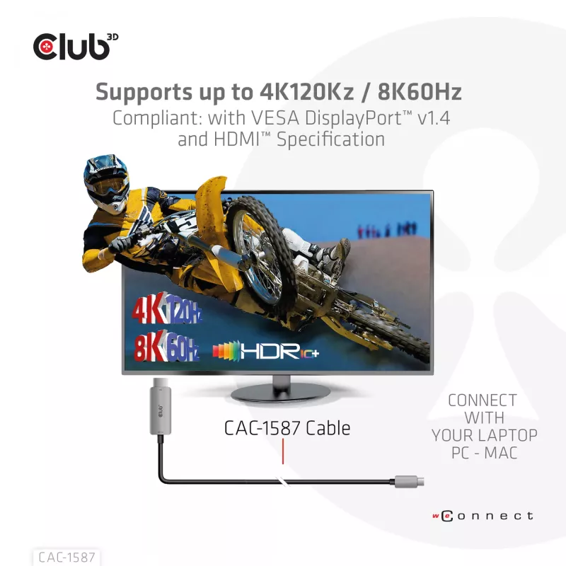 CLUB3D USB Gen2 Type-C uz HDMI 4K120Hz 8K60Hz HDR10 ar DSC1.2 aktīvs kabelis M/M 3m / 9.84ft