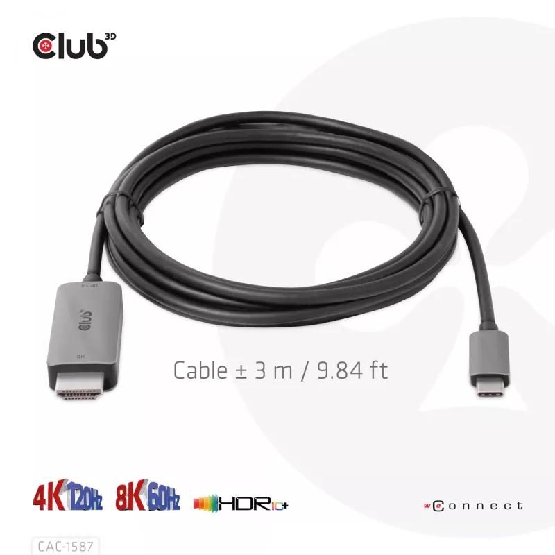 CLUB3D USB Gen2 Type-C uz HDMI 4K120Hz 8K60Hz HDR10 ar DSC1.2 aktīvs kabelis M/M 3m / 9.84ft