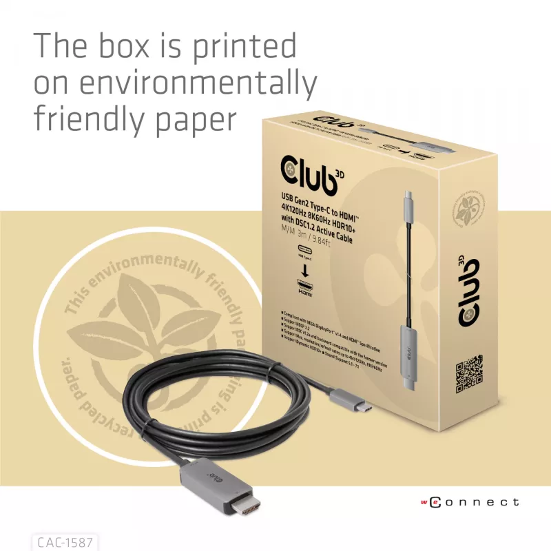 CLUB3D USB Gen2 Type-C uz HDMI 4K120Hz 8K60Hz HDR10 ar DSC1.2 aktīvs kabelis M/M 3m / 9.84ft