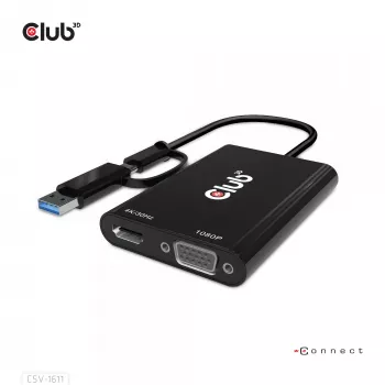 CLUB3D USB Gen1 Type-C/-A uz Diviem HDMI (4K/30Hz) / VGA (1080/60Hz) adapteris