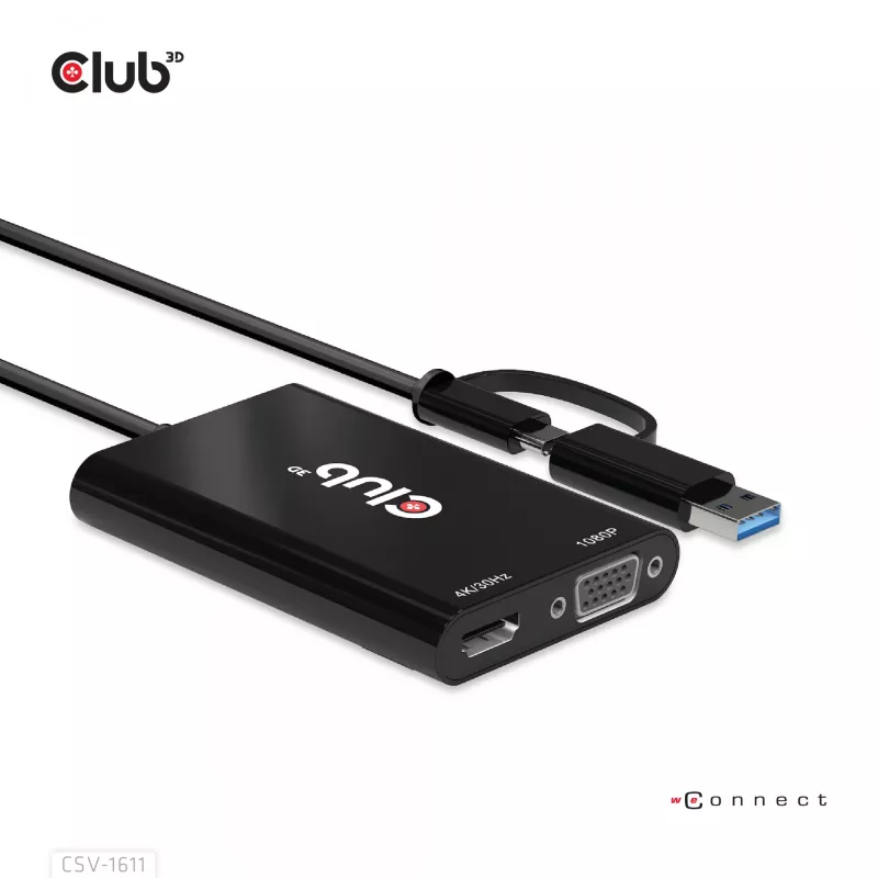 CLUB3D USB Gen1 Type-C/-A uz Diviem HDMI (4K/30Hz) / VGA (1080/60Hz) adapteris