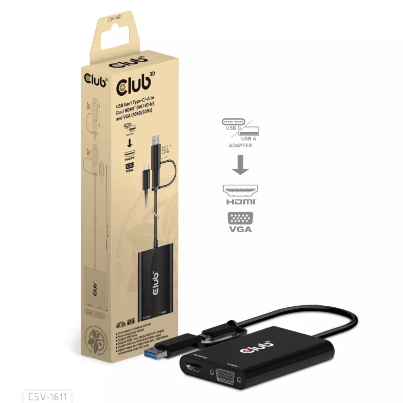 CLUB3D USB Gen1 Type-C/-A uz Diviem HDMI (4K/30Hz) / VGA (1080/60Hz) adapteris