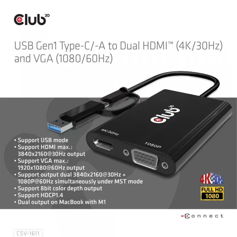CLUB3D USB Gen1 Type-C/-A uz Diviem HDMI (4K/30Hz) / VGA (1080/60Hz) adapteris