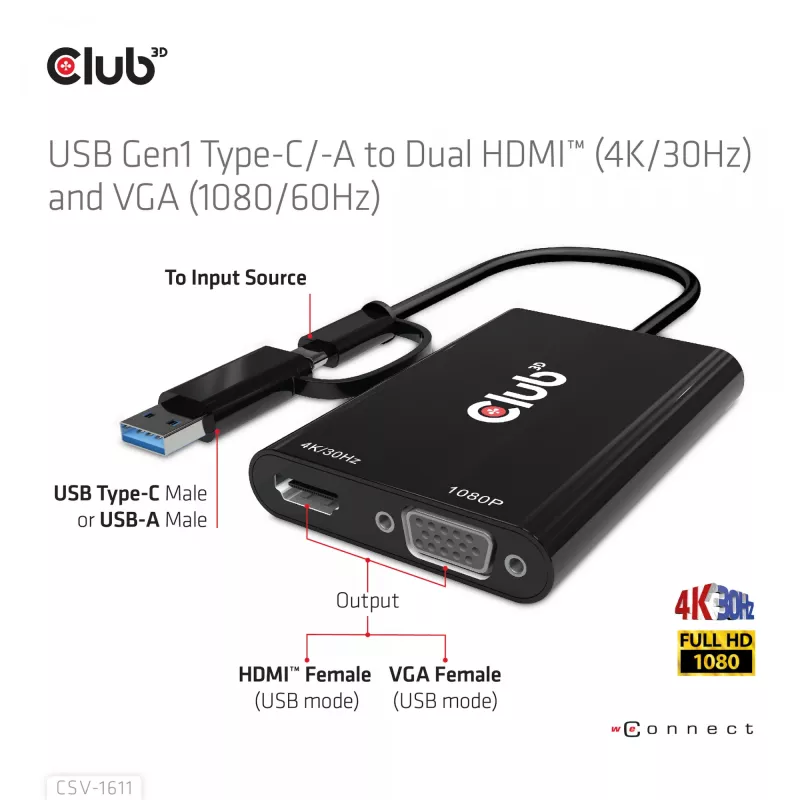 CLUB3D USB Gen1 Type-C/-A uz Diviem HDMI (4K/30Hz) / VGA (1080/60Hz) adapteris