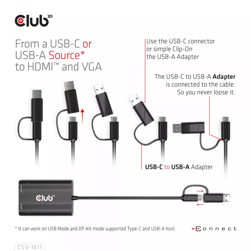 CLUB3D USB Gen1 Type-C/-A uz Diviem HDMI (4K/30Hz) / VGA (1080/60Hz) adapteris
