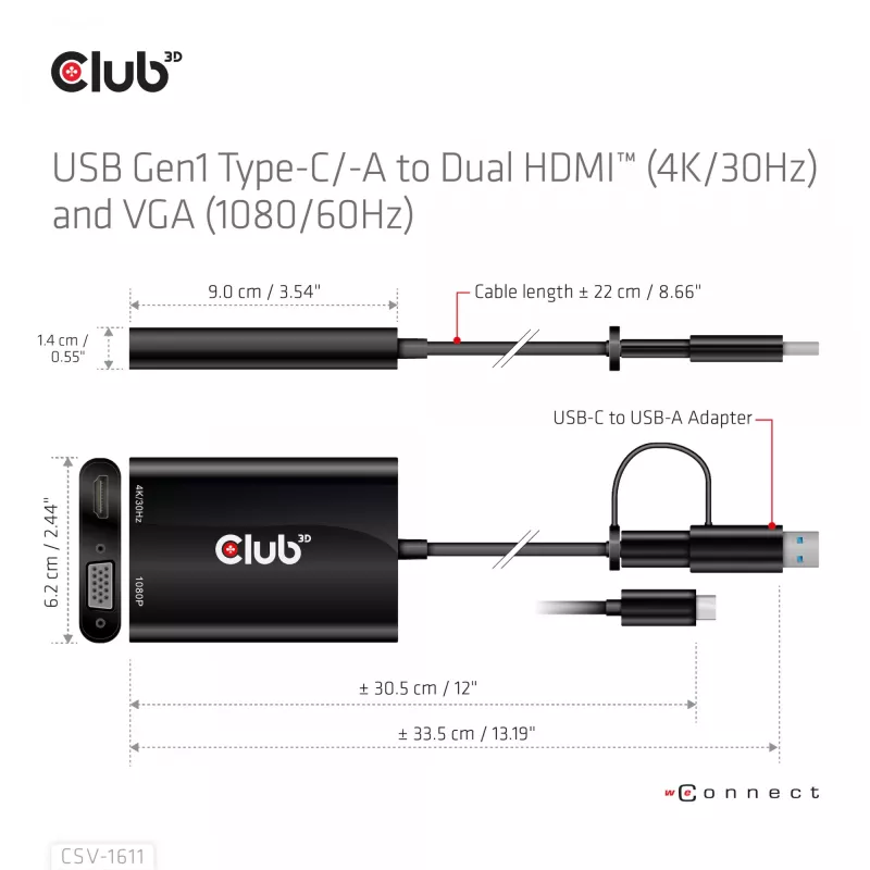 CLUB3D USB Gen1 Type-C/-A uz Diviem HDMI (4K/30Hz) / VGA (1080/60Hz) adapteris