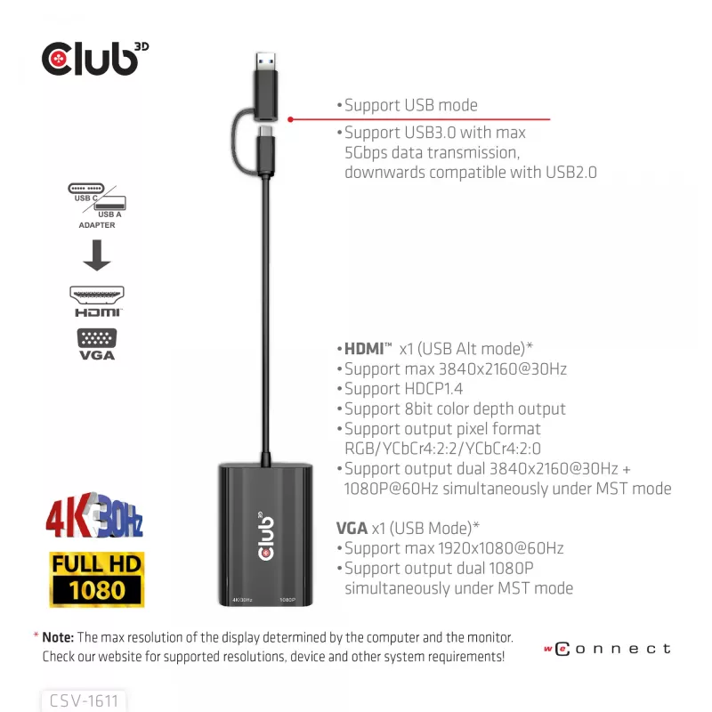 CLUB3D USB Gen1 Type-C/-A uz Diviem HDMI (4K/30Hz) / VGA (1080/60Hz) adapteris