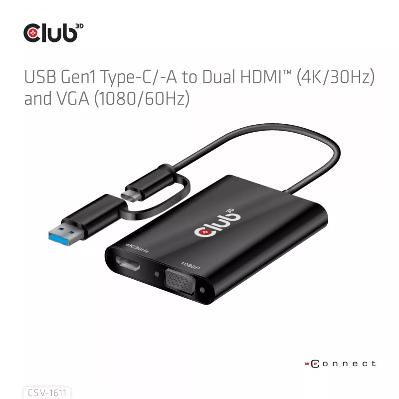 CLUB3D USB Gen1 Type-C/-A uz Diviem HDMI (4K/30Hz) / VGA (1080/60Hz) adapteris