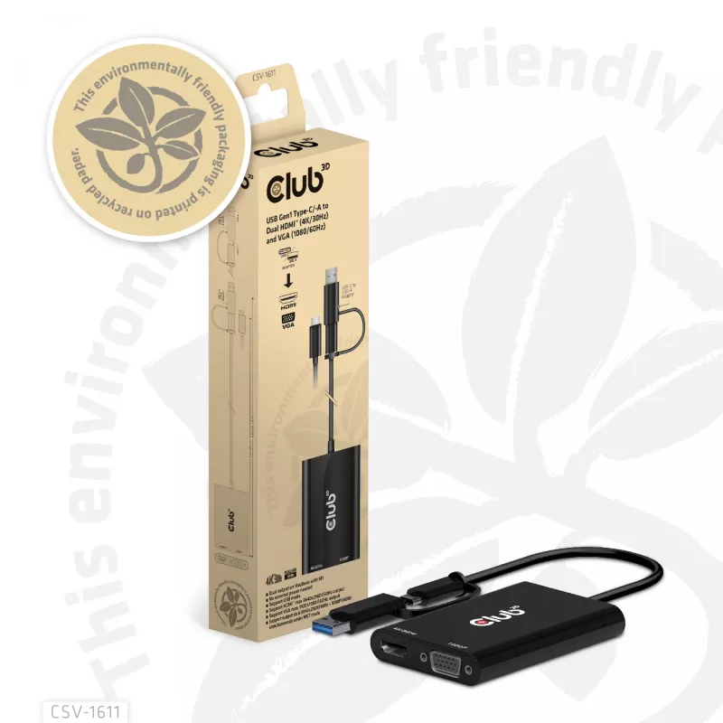 CLUB3D USB Gen1 Type-C/-A uz Diviem HDMI (4K/30Hz) / VGA (1080/60Hz) adapteris