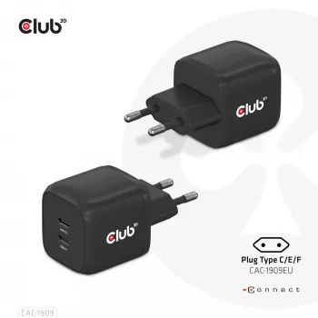 CLUB3D Ceļojumu lādētājs PPS 45W GaN tehnoloģija, Divi USB Type-C porti, Power Delivery 3.0 atbalsts