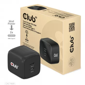 CLUB3D Ceļojumu lādētājs PPS 45W GaN tehnoloģija, Divi USB Type-C porti, Power Delivery 3.0 atbalsts