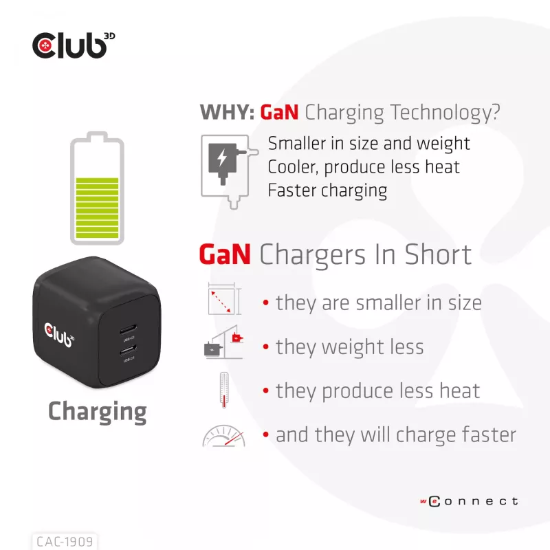 CLUB3D Ceļojumu lādētājs PPS 45W GaN tehnoloģija, Divi USB Type-C porti, Power Delivery 3.0 atbalsts