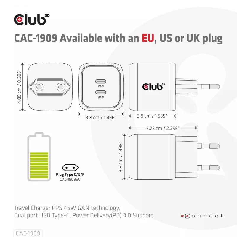 CLUB3D Ceļojumu lādētājs PPS 45W GaN tehnoloģija, Divi USB Type-C porti, Power Delivery 3.0 atbalsts