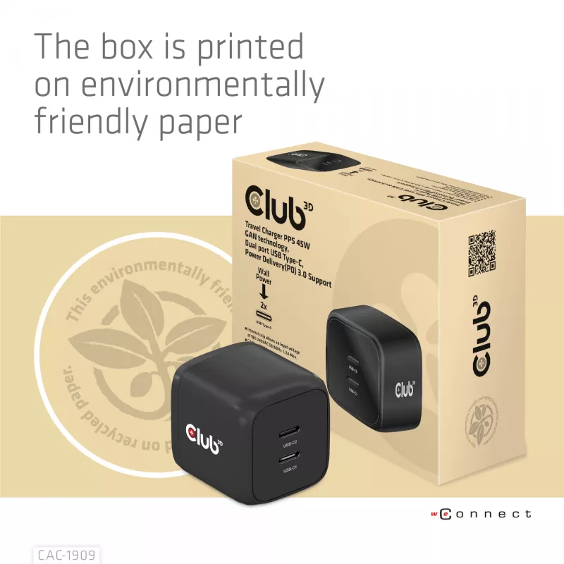 CLUB3D Ceļojumu lādētājs PPS 45W GaN tehnoloģija, Divi USB Type-C porti, Power Delivery 3.0 atbalsts
