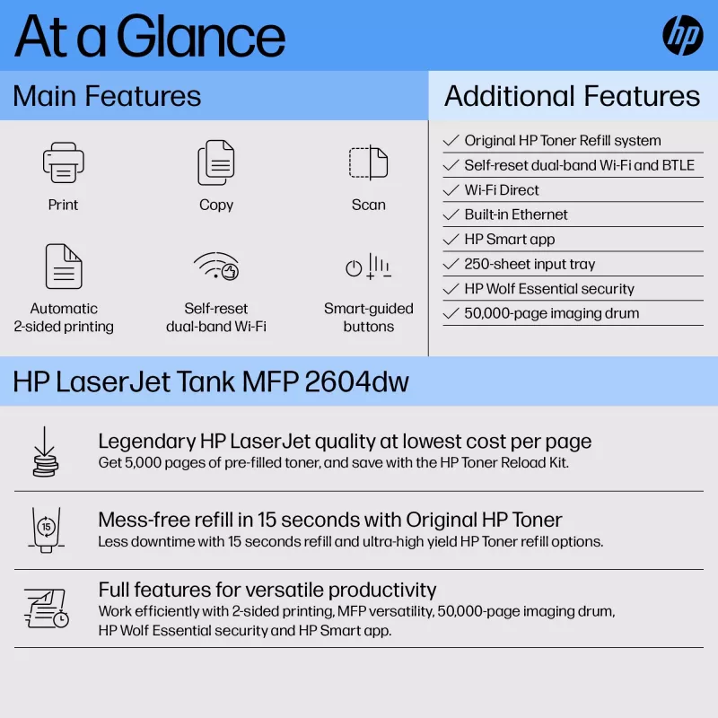 HP LaserJet Tank MFP 2604dw printeris, lāzera, vienkrāsas druka, 600 x 600 DPI, A4, tiešā druka, pelēks