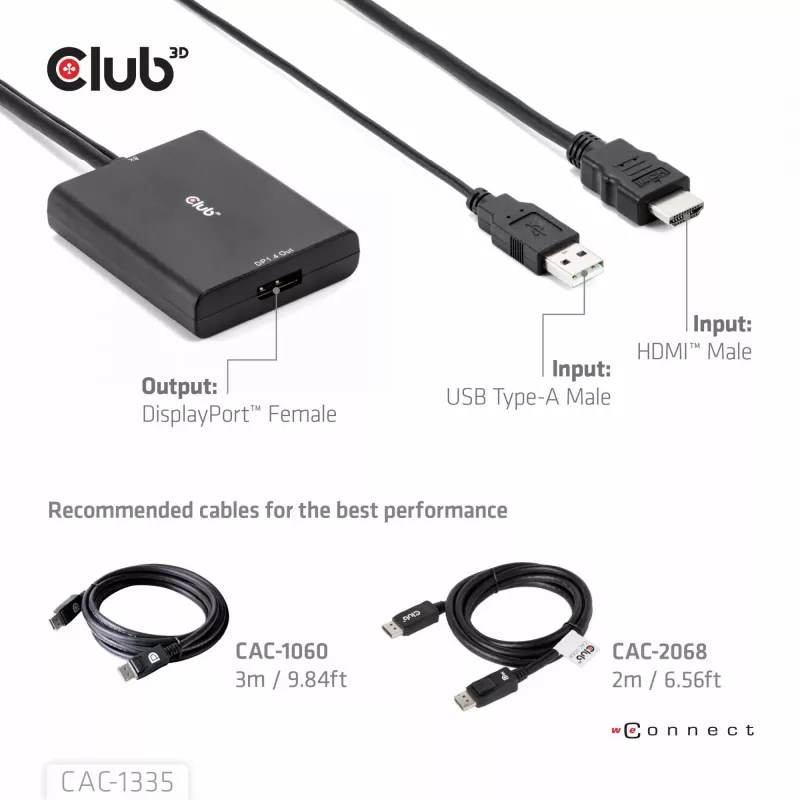 CLUB3D HDMI + Micro USB uz DisplayPort™ 4K120Hz vai 8K30Hz M/F aktīvais adapteris