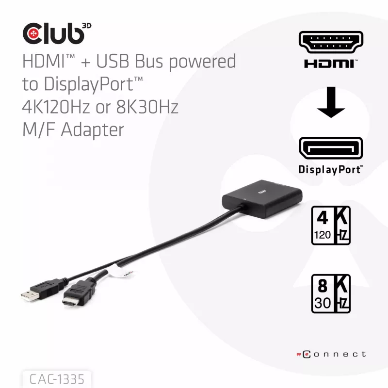 CLUB3D HDMI + Micro USB uz DisplayPort™ 4K120Hz vai 8K30Hz M/F aktīvais adapteris
