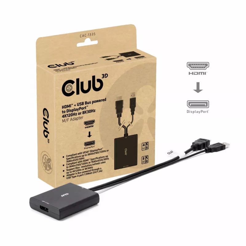 CLUB3D HDMI + Micro USB uz DisplayPort™ 4K120Hz vai 8K30Hz M/F aktīvais adapteris