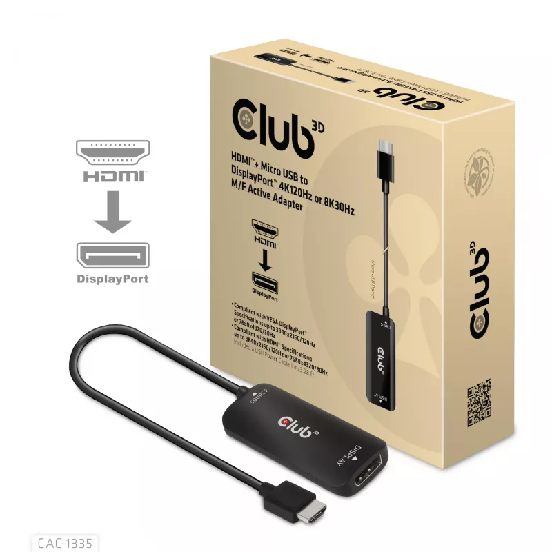 CLUB3D HDMI + Micro USB uz DisplayPort™ 4K120Hz vai 8K30Hz M/F aktīvais adapteris