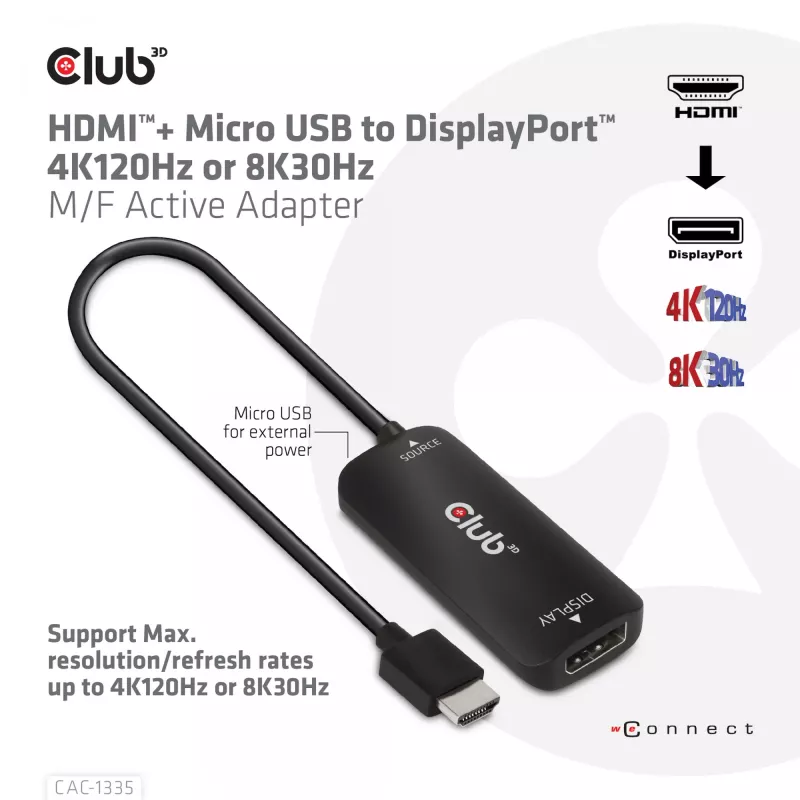 CLUB3D HDMI + Micro USB uz DisplayPort™ 4K120Hz vai 8K30Hz M/F aktīvais adapteris
