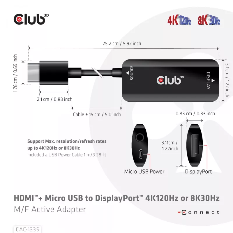 CLUB3D HDMI + Micro USB uz DisplayPort™ 4K120Hz vai 8K30Hz M/F aktīvais adapteris