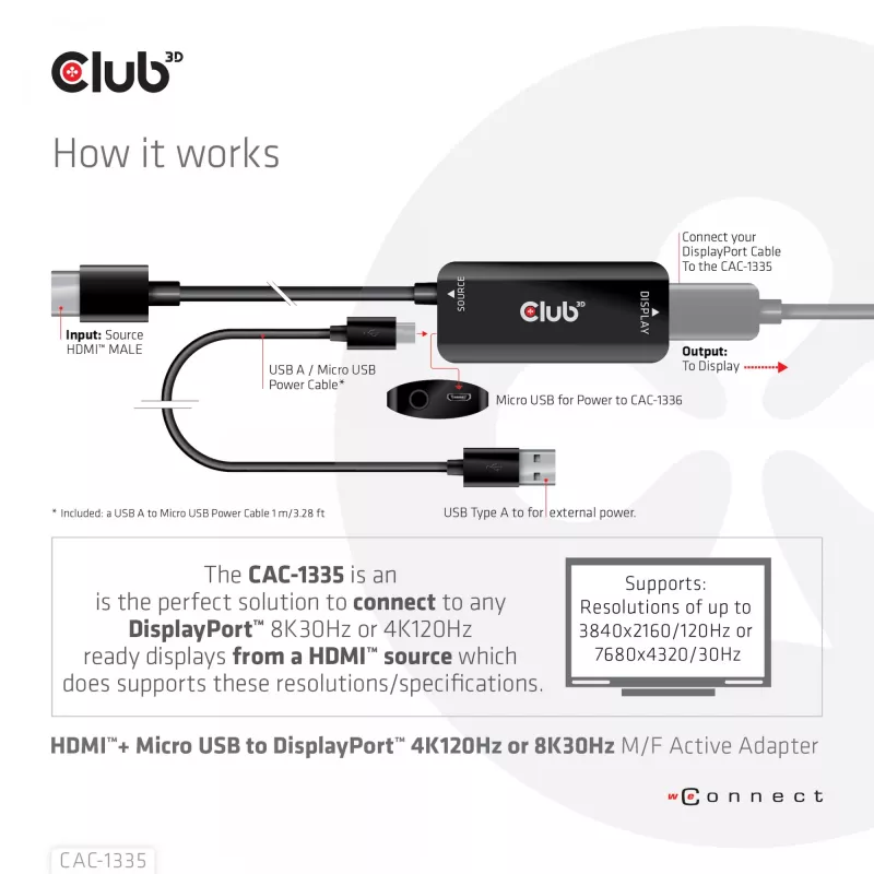 CLUB3D HDMI + Micro USB uz DisplayPort™ 4K120Hz vai 8K30Hz M/F aktīvais adapteris