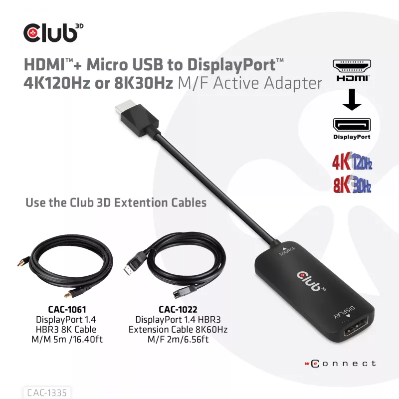 CLUB3D HDMI + Micro USB uz DisplayPort™ 4K120Hz vai 8K30Hz M/F aktīvais adapteris